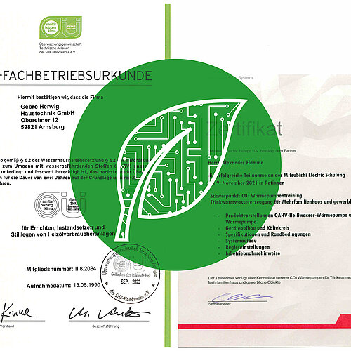 Abbildung WHG-Fachbetriebsurkunde und Schulungszertifikat Gebro-Herwig